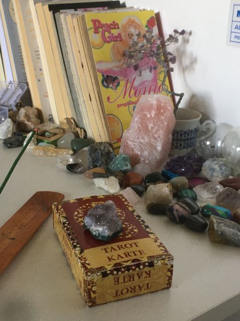 #tarot #crystals #aesthetic Tarot And Crystals Aesthetic, Astrologist Aesthetic, Tarot Crystals, Crystals Aesthetic, Winter Arc, Crystal Aesthetic, Tarot Cards, House Stuff, It Girl