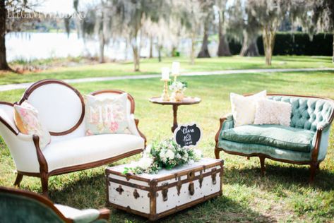 Romantic Wedding Decor, Wedding Lounge Furniture, Wedding Lounge Area, Vintage Settee, Wedding Lounge, Wedding Furniture, Outdoor Wedding Photos, Peachy Keen, Outdoor Wedding Decorations