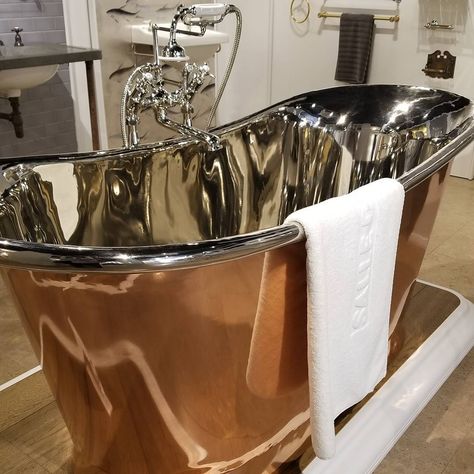 We've put in a group order at @drummonds_bathrooms. One copper bathtub per person and oh that nickel lining . #designhounds with @thenkba @kbis_official Drummonds Bathrooms, Extravagant Bathtubs, Small Copper Bathtub, Copper Jacuzzi Tub, Copper Soaking Tub, Copper Bathtub, Copper Bucket Vessel Sink, Luxurious Bathrooms, Copper Tub