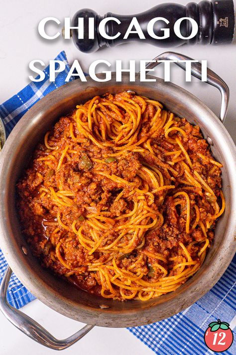 Chicago Spaghetti | 12 Tomatoes Spaghetti Red, Chicago Spaghetti 12 Tomatoes, Chicago Spaghetti, K&w Baked Spaghetti Recipe, Meaty Spaghetti, Southern Spaghetti, Spaghetti Recipes Italian, Old Chicago Spaghetti Pie Recipe, Spaghetti Italian Sausage