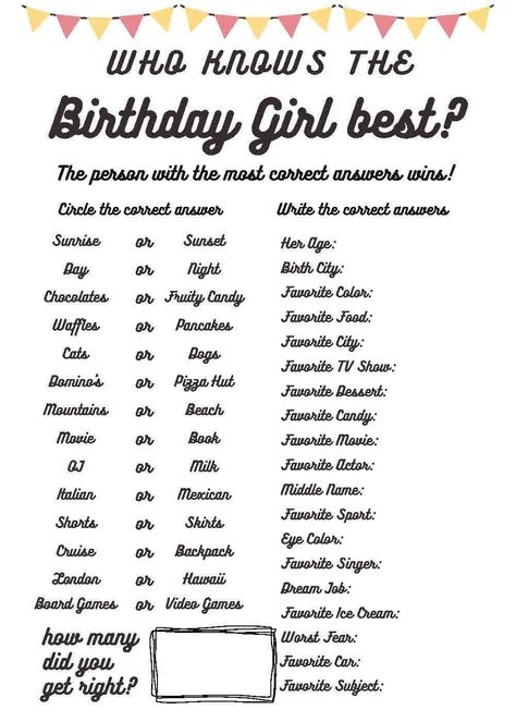 Get ready to have some fun with our "Who Knows the Birthday Girl Best" quiz! With this customizable invitation, you'll receive a link to an editable Canva template that you can personalize to your liking. If you're happy with the design as is, simply download the PDF and start using it right away. No need to access Canva unless you want to change the answers. This activity is perfect for getting to know your friends and family in a playful way. So why wait? Get your invitation today and let the Quince Party Games, Birthday Activities For Teenagers, Birthday Party Ideas For Teenagers 15, Quince Activities, Sweet 16 Activities Things To Do, Bday Party Ideas Teenagers, Sweet 16 Party Games, Father's Day Games, Fun Sleepover Games