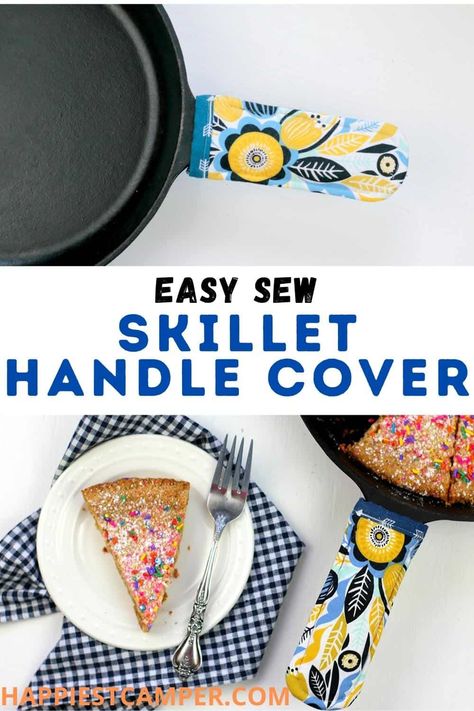 DIY Cast Iron Skillet Handle Cover With A Free Printable Pattern I love cooking with my cast iron skillet, but it is kind of a pain to pull out of the oven. That's why I came up with this DIY Cast Iron Skillet Handle Cover With A Free Printable Pattern! This handle cover is not only cute, but also functional. The included free pattern makes it easy to sew some of these for all your cast iron pots and pans. Save your hands from the heat and make some of these to give as gifts. Easy sewing projec Cast Iron Pan Handle Cover, Kitchen Crafts To Sell, Cast Iron Handle Cover Diy, Skillet Handle Pot Holder Pattern, Pot Handle Holders Diy, Cast Iron Pot Holder Diy, Pan Handle Pot Holder, Cast Iron Handle Cover Pattern Pot Holders, Skillet Handle Cover Pattern Free