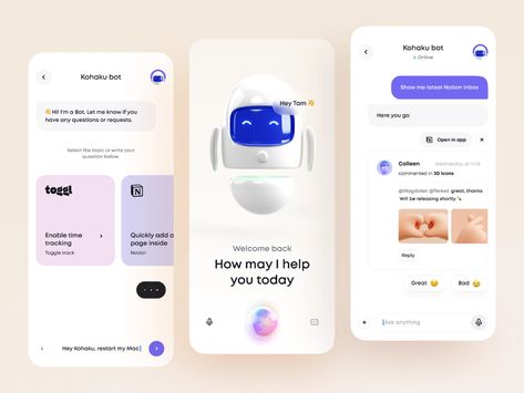 Kohaku Bot - Mobile App by Tran Mau Tri Tam ✪ for UI8 on Dribbble Chat Bot Ui Design, Chatbot Ui Design, Chat App Ui, Chatbot App, Dashboard Mobile, Event App, Card Ui, App Interface Design, Mobile Web Design