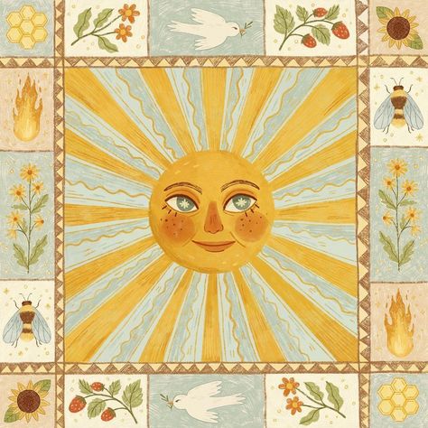 Summer Solstice Painting, Aesthetic Summer Art, Summer Solstice Aesthetic Art, Cute Wall Art Ideas, Summer Solstice Illustration, Sun Folk Art, Aesthetic Art For Room, My Summer Aesthetic, Aesthetic Things To Print