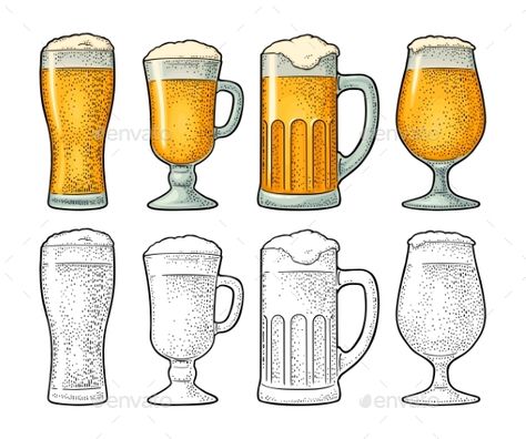 Different Beer Glasses, Beer Pint Drawing, Glass Of Beer Drawing, Pint Glass Tattoo, Beer Glasses Design, Beer Glass Illustration, Beer Glass Tattoo, Beer Glass Drawing, Beer Glass Painting