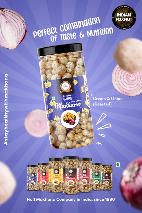 When taste meets nutrition, the outcome is awesome. Our Makhana is a perfect example of such a great combination. #Makhana #snack #Makhanabenefits #health #foods #foxnut #Indianfoxnut Fox Nut Packaging Design, Makhana Creative Ads, Makhana Packaging Design, Makhana Packaging, Banner Snack, Snack Poster, Bakery Banner, Chocolate Branding, Food Creatives