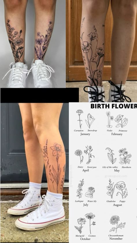 Flowers Tattoo Leg Woman, Lower Leg Flower Tattoos Women, Shin Flower Tattoo, Flower Garter Tattoo, Floral Knee Tattoo, Women Calves Tattoo, Floral Leg Tattoo, Fire Tattoos, Tattoos Inspos