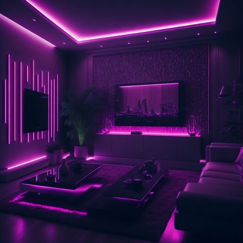 Vaporwave Living Room, Vaporwave Room Aesthetic, Skyrise Apartment, Cyberpunk Living Room, Modern Lounge Rooms, Black Bedroom Aesthetic, Vaporwave Room, Neon Home Decor, Led Living Room