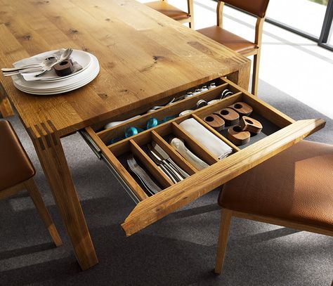 An Uncommon Storage Space: The Dining Table Diy Esstisch, Organiser Cucina, Diy Dining Table, Diy Dining, Expandable Dining Table, Small Kitchens, Diy Coffee Table, Dining Table Design, Solid Wood Dining Table