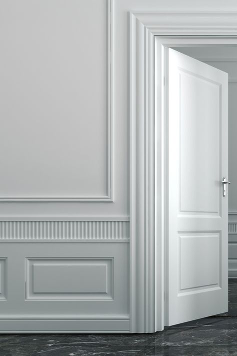 Wainscoting Styles: Half Wall, Board and Batten, Entryway, Dining Room-Sunlitspaces.com Double Wainscoting, White Door Design, Lambriseringen Gang, Wainscoting Ideas, Wainscoting Styles, Diy Wainscoting, Wall Molding, Design Wood, Farmhouse Style House