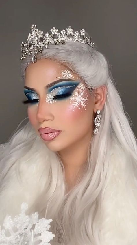 Halloween Elsa Makeup, Frozen Adult Costume, Frost Makeup Ice Queen, Elsa Frozen Makeup Look, Ice Princess Makeup Snow Queen, Ice Princess Rave Outfit, Frozen Make Up, Elsa Inspired Makeup, Fire And Ice Makeup Looks