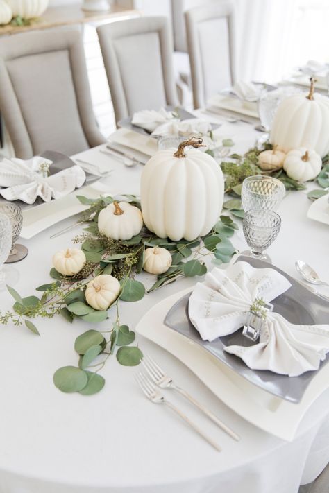 Thanksgiving White Pumpkin Tablescape Pumpkin Tablescape, White Pumpkin Decor, Halloween Chic, Fashionable Hostess, Pumpkin Wedding, Fall Home Tour, Fall Thanksgiving Decor, Thanksgiving Table Settings, Thanksgiving Tablescapes