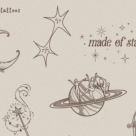 90s Celestial Tattoo, Ethereal Patchwork Tattoo, Big Fine Line Tattoo Ideas, Mini Space Tattoo, Whimsicle Tattoo, Made Of Stardust Tattoo, Tattoo About Art, Whimsigoth Tattoo Ideas, Stars And Planets Tattoo