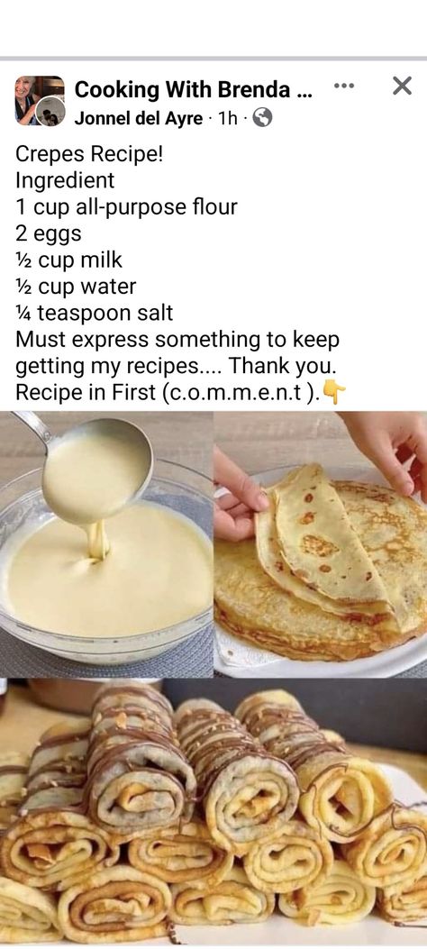 Easy Crepe Recipe, Homemade Cookbook, Tasty Recipes Videos, Quick Recipes Snacks, Crepe Recipes, Easy Baking Recipes Desserts, Sweet Snacks Recipes, Baked Dessert Recipes, Delicious Snacks Recipes