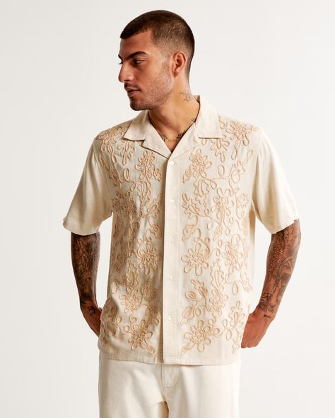 Men's Camp Collar Summer Linen-Blend Embroidered Shirt | Men's Tops | Abercrombie.com Men Embroidery Shirts, Modern Barong, Embroidery Shirt Men, Cord Embroidery, Cross Embroidery, Mens Printed Shirts, Fashion Boy, Party Attire, Geometric Embroidery