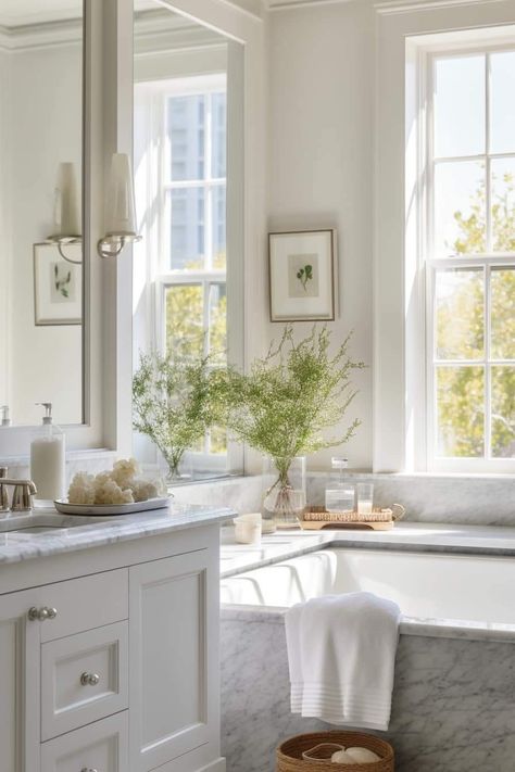 Bathroom Seated Vanity, European Bathroom Design, European Bathroom, Southern Home Interior, Countryside Cottage, Farmhouse Interior Design, Primary Bathroom, Bathroom Farmhouse Style, Cottage Bathroom