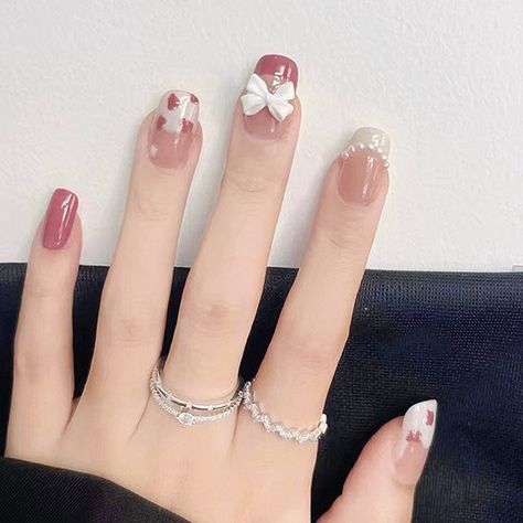 Square Korean Nails, Short Chinese Nails, Short Douyin Nail, Douyin Nails Short, Ulzzang Nails, Cute Aesthetic Nails, Gell Nails, Wine Nails, Fake Nails Designs