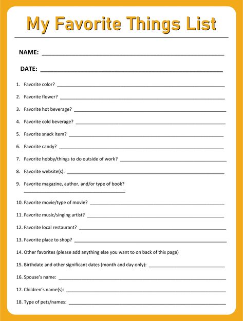 My Favorite Things List Questions Things I Adore List, Questions Favorite Things, What My Favorite Questions, Questions To Ask For Birthday Gifts, Getting To Know You Worksheet For Adults, What Is Your Favourite Question, Your Favorite Things Questions, Name Your Favorite Questions, Favourite Things Questionnaire