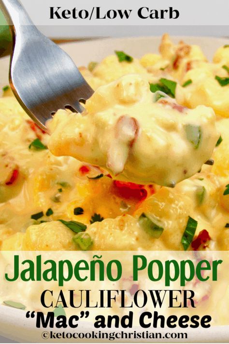 Jalapeño Popper Cauliflower"Mac" and Cheese - Keto and Low Carb All the flavors of jalapeño poppers made into a creamy and delicious cauliflower "mac" and cheese! #ketorecipes #keto #lowcarb #ketodiet #ketojalapenopopper #lowcarbjalapenopopper #ketocauliflowermacandcheese #lowcarbrecipes #easyketosides #ketocookingchristian #easylowcarbsides Loaded Cauliflower Mac And Cheese, Jalapeno Popper Cauliflower, Jalapeno Keto Recipes, Cauliflower Jalapeno Casserole, Hot Cauliflower Recipes, Keto Veggie Sides, Cauliflower Keto Recipes, Summer Keto Recipes, Cauliflower Mac And Cheese Keto