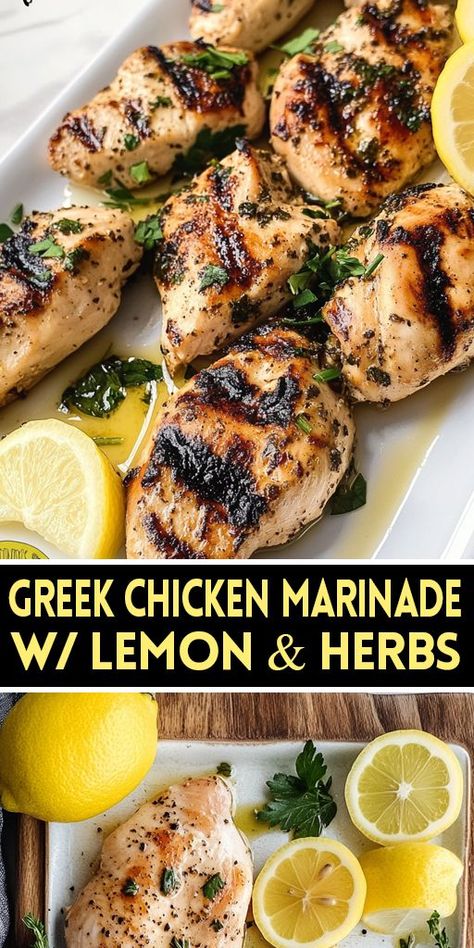 Craving delicious, juicy chicken full of Mediterranean flavors? This easy Greek chicken marinade is packed with fresh lemon juice, garlic, and aromatic herbs like oregano and thyme. 👉 Try this recipe today and elevate your dinner game with authentic Greek flavors! Don’t forget to share and tag us in your creations. #GreekChicken #MediterraneanRecipes #ChickenMarinade #HealthyMeals #GrillingRecipes #EasyDinner #MealPrepIdeas #LemonHerbChicken #HomeCooking Manestra Recipe Greek Chicken, Healthy Greek Chicken Marinade, Chicken Marinade With Lemon, Parsley Chicken Marinade, Marinated Mediterranean Chicken, Greek Seasoning For Chicken, Baked Lemon Herb Chicken, Greek Lemon Chicken Marinade, Mediterranean Chicken Recipes Marinade