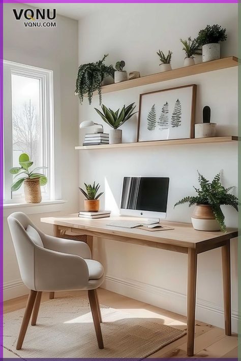 Clean Home Office Design, Home Office Light Colors, Relaxing Desk Setup, Nature Inspired Office Design, Office Calming Decor, Home Office Plants Decor, Natural Minimalist Home Decor, Home Office Simple, Clean Office Aesthetic