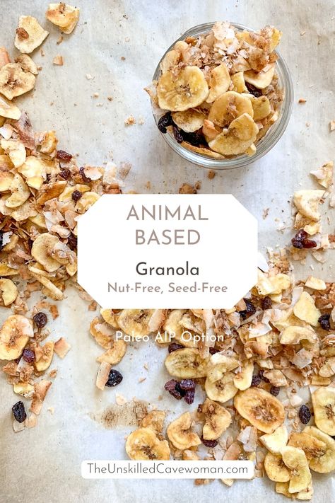 Animal-Based Granola (Paleo AIP, Grain-Free, Nut-Free, Seed-Free) - The Unskilled Cavewoman Paleo Nut Free Recipes, Grain Free Nut Free Recipes, Animal Based 30, Animal Based Meals For Kids, Animal Based Lunch Ideas, Animal Based Smoothie, Animal Based Diet Snacks, Aip Cereal, Animal Based Breakfast Ideas