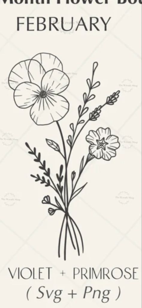 Primrose Violet Tattoo, Violets And Primroses Tattoo, Violet Flower Tattoo With Name In Stem, February Birth Flower Tattoo Ideas, Primrose And Violet Tattoo, Birthflower February Tattoo, Violet And Iris Flower Tattoo, Primrose Tattoo Design, Simple Violet Flower Tattoo