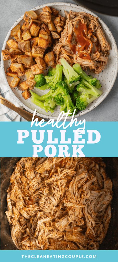 This Healthy Pulled Pork recipe is a perfect easy, clean eating weeknight dinner. Made in the slow cooker or instant pot with only a few ingredients, it's low in fat, packed with protein, and paleo / Whole30 friendly! Easily made, this BBQ pork is great for meal prep! I prefer to make this with tenderloins because it is leaner, but check the post for substitutions! Macro Friendly Pulled Pork, Pulled Pork Optavia, Low Calorie Pulled Pork Crock Pot, Pulled Pork Crock Pot Recipes Whole 30, Pulled Pork Crock Pot Recipes Healthy, Pork Shoulder Recipes Healthy, Low Fodmap Pulled Pork Crock Pot, Healthy Crockpot Pulled Pork, Healthy Crockpot Meat