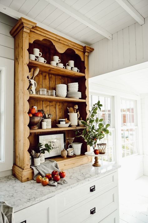 Antique Bookshelf In The Kitchen - Liz Marie Blog Simple Rustic Kitchen Design, Platter Storage Ideas Kitchen, Furniture In The Kitchen, Turning Furniture Into Kitchen Cabinets, Bookshelf For Kitchen Storage, Cottage Style Shelves, Counter Top Cupboard, Book Shelf In Kitchen, Antique Kitchen Storage