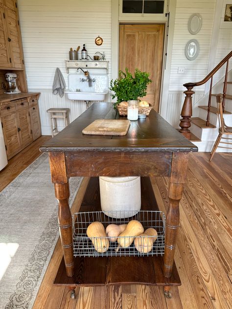 How to Turn an Antique Table into a Draper's Table Kitchen Island - Midcounty Journal Farm Table Island In Kitchen, Tables As Kitchen Islands, Prep Tables In Kitchen, Turn Table Into Kitchen Island, Kitchen Island Dining Table Extension, Added Kitchen Island, Table Middle Of Kitchen, Diy Vintage Kitchen Island, Antique Kitchen Island With Seating