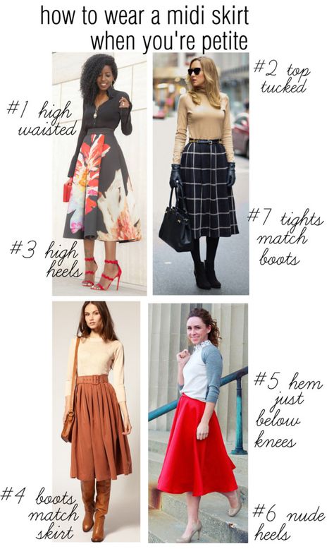 How To Wear A Midi Skirt When You Are Petite Midi Skirt Outfit Petite, Petite Office Wear, How To Wear Midi Skirt, How To Wear Skirts In Winter, Shoes To Wear With Skirts, Outfit Petite Women, Midi Skirt Outfit Spring, Shoes For Petite Women, Petite Tips