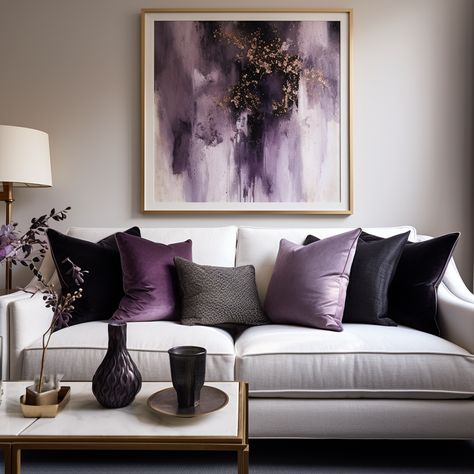 "Step into a realm of elegance and enchantment with our black and purple velvet cushions. Gracefully spread on a white sofa, this set skillfully balances the stark beauty of monochrome with the rich allure of purple hues. 💜 Don't forget, with code CMC10, you get a special 10% off when shopping with us. Make a statement that's both captivating and cozy today! 🖤" #cushioncover #cushion #cushions #cushioncovers #homeinspo #homedeco #velvetcharm #interiordesign #purplepassion #monochromemagic. Purple Gray Black White Living Room, Purple And Cream Living Room, Black White And Purple Living Room, Purple Accent Living Room Decor, Purple Cushions Living Room, Purple And Gold Living Room Ideas, Black White Gold Purple Living Room, Purple Aesthetic Living Rooms, Purple And Gold Living Room Decor