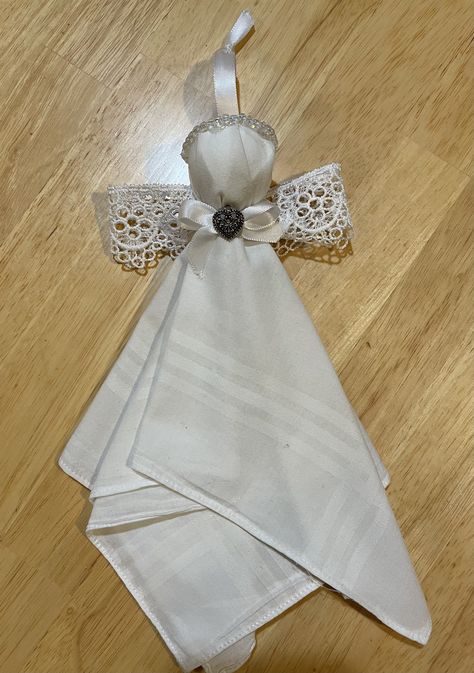 Christmas Angel 👼🏻 A keepsake made from my Dad’s old handkerchief. 👼🏻❤️❤️ Angels Made From Handkerchiefs, Handkerchief Angels Ornaments, Hankerchief Angels Diy, Jean Pocket Angels Diy, Handkerchief Angels, Hanky Crafts, Handkerchiefs Crafts, Christmas Angels Diy, Diy Christmas Angel Ornaments