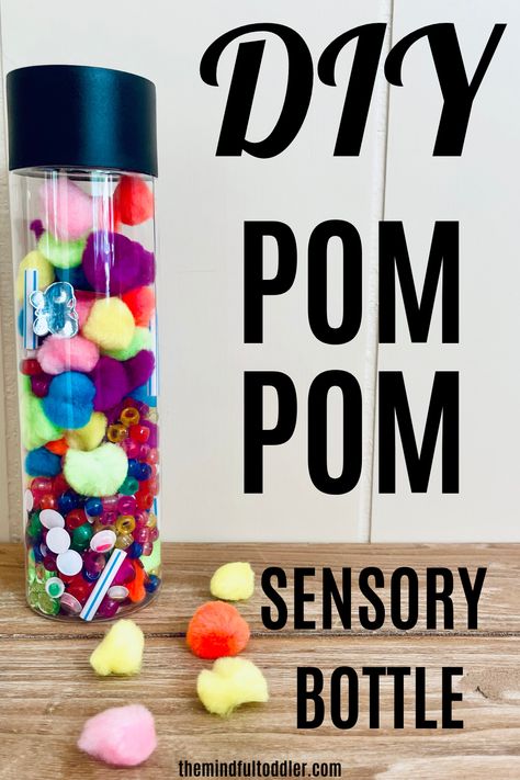 For a super easy sensory bottle recipe, try this pom pom sensory bottle! It is so bright and fun to play with and doesn't require any water or glitter! #sensoryplay #sensorybottle #toddlerfun #toddler #pompoms #pompomcrafts Montessori, Sensory Bottles For Toddlers, Easy Pom Pom, Sensory Play Toddlers, Sensory Bottle, Diy Pom Pom, Sensory Bottles, Sensory Development, Clear Container