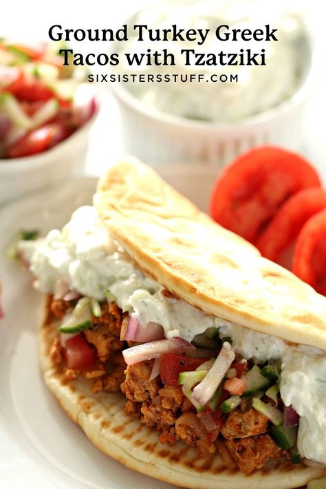 Ground Turkey Greek Tacos with Tzatziki Recipe How To Make Ground Turkey Taste Better, Ground Turkey Greek, Ground Turkey Wraps, Greek Ground Turkey, Pita Tacos, Greek Tacos, Ground Turkey Seasoning, Greek Nachos, Turkey Tacos Recipes