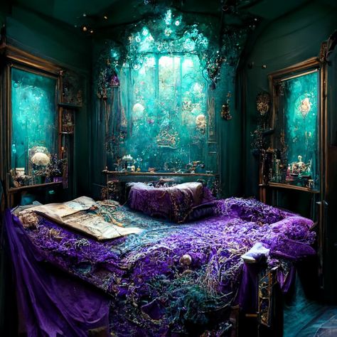 Dark Celestial Aesthetic Bedroom, Underwater Grotto, Elven Bedroom, Alice In Wonderland Bedroom, Galaxy Bedroom, Fantasy Bedroom, Fantasy Rooms, Coastal Modern, Wallpaper Bedroom