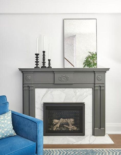 Charcoal Gray Fireplace Mantel with Marble Surround - Transitional - Living Room Charcoal Gray Fireplace, Slab Fireplace Surround, Marble Slab Fireplace, Slab Fireplace, Gray Fireplace, Painted Fireplace Mantels, French Mantel, Wooden Fireplace Surround, Marble Hearth