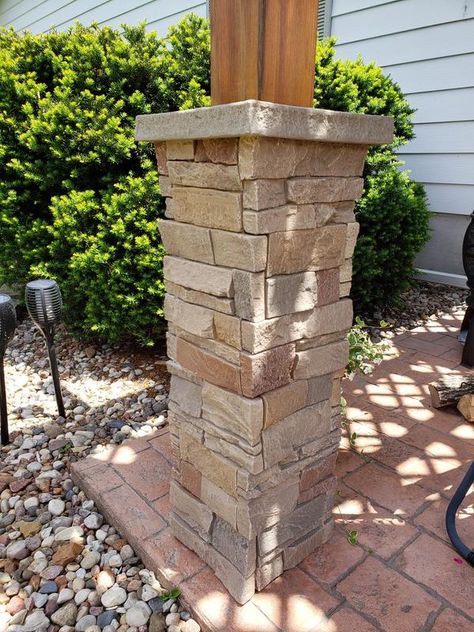 Pergolas, Corner Pillar Ideas, Outdoor Ramada, Diy Pillars, Stone Panels Exterior, Front Porch Stone, Porch Pillars, Faux Stone Veneer, Front Porch Columns