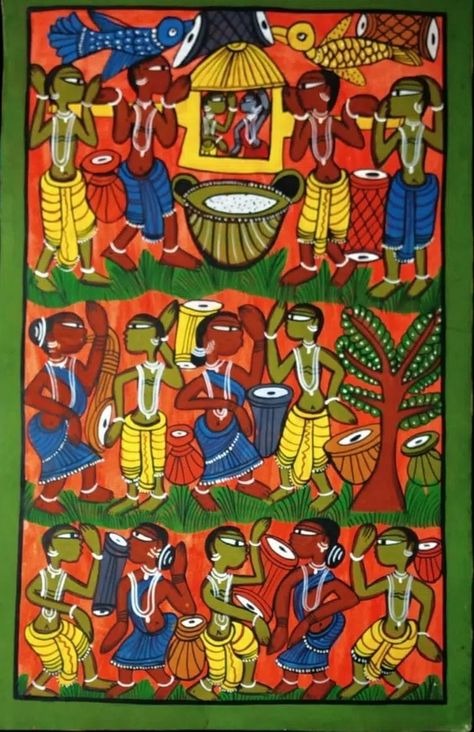 Santhal Art, Bengali Paintings, Bengal Patachitra, Bengal Painting, Patta Painting, Patachitra Paintings, Bangla Art, Bird Silhouette Art, Bengali Art