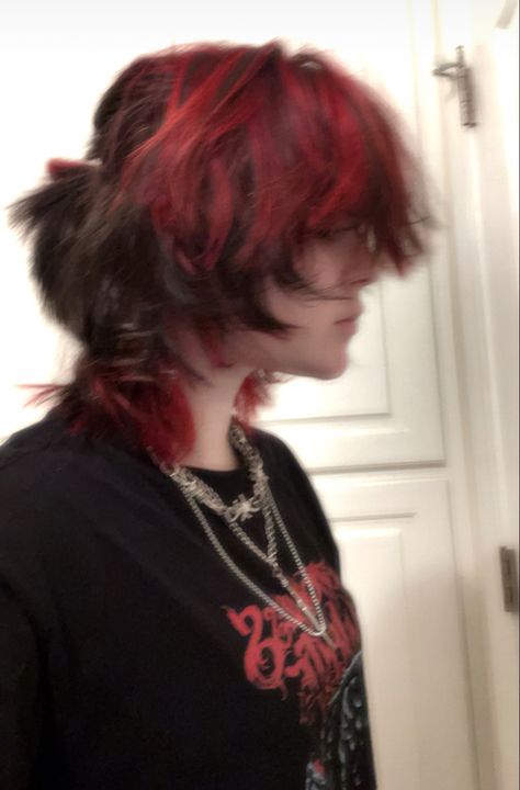 Black To Dark Red Hair, Black Wolfcut With Highlights, Red And Black Hair Short Alt, Red Highlights In Black Hair Short, Red Short Fluffy Hair, Black And Red Alt Hair, Black And Red Fluffy Hair, Nonbinary Long Hairstyles, Red Dyed Tips On Brown Hair