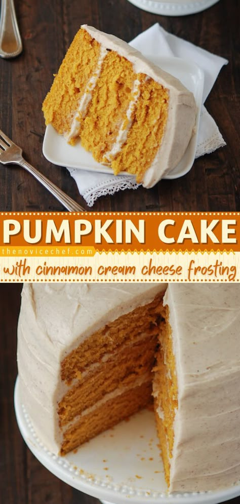 Pumpkin Cake with Cinnamon Cream Cheese Frosting, fall food, pumpkin recipes Pumpkin Dream, The Novice Chef, Maple Cream Cheese Frosting, Novice Chef, Cake With Cinnamon, Maple Cream Cheese, Pumpkin Cake Recipes, Holiday Sweets, Maple Cream