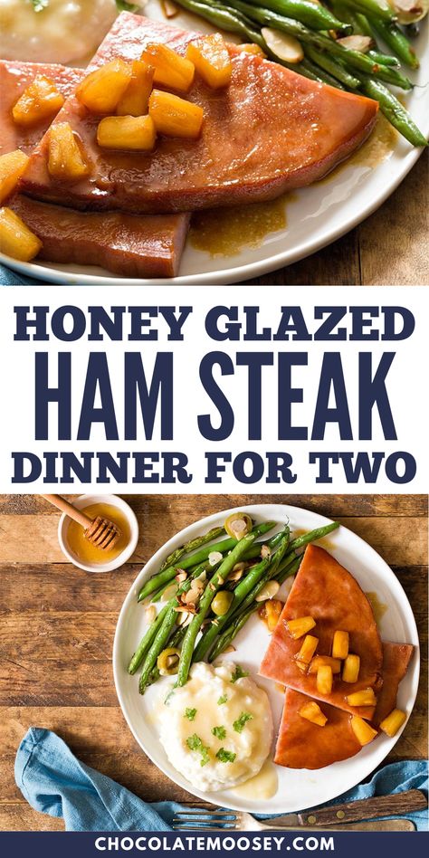 our Honey Glazed Ham Steak Dinner for Two combines sweet and savory flavors. This quick and easy honey ham recipe features a perfectly seared ham steak, coated in a luscious honey glaze made with pineapple juice and brown sugar. Served with juicy pineapple tidbits, this dinner is the perfect way to celebrate a cozy evening at home. Ham Steak With Apricot Glaze, Honey Glazed Ham Steak, Ham Steak Recipes Stove Top, Best Ham Steak Recipe, Glaze For Ham Steak, Recipes With Ham Steak, Ham Steaks Recipes, Ham Meals Ideas, Dinner Ham Recipes