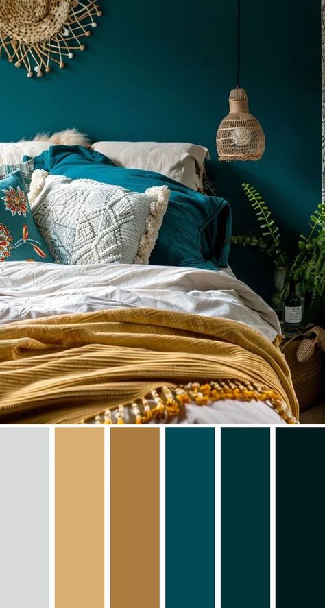 Emerald Green And Teal Bedroom, Navy Teal Gold Color Palette, Peacock Bedroom Colors, Deep Turquoise Bedroom, Dark Teal Bedding Color Combinations, Teal Bedspread Room Ideas, Teal Master Bedrooms Decor, Teal And Green Bedroom, Teal Walls Bedroom