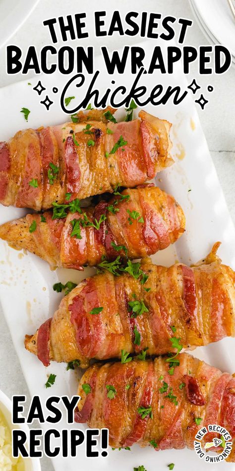 This yummy bacon-wrapped chicken is juicy and full of flavor thanks to the seasonings, maple syrup glaze, and crispy bacon. Baked Bacon Wrapped Chicken, Chicken Bacon Recipes, Delicious Entrees, Bacon Wrapped Chicken Breast, Recipe Crockpot, Chicken Bacon Ranch Casserole, Bacon Chicken, Homemade Goodies, Jambalaya Recipe