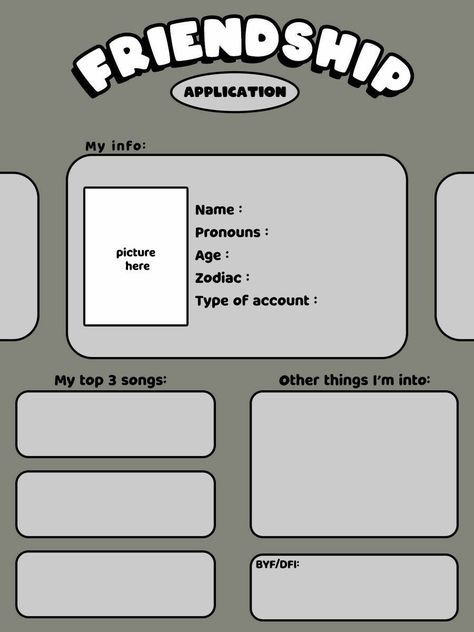 Friendship Application, About Me Template, Character Sheet Template, Character Template, Id Card Template, Drawing Prompt, Aesthetic Template, Meme Template, Character Sheet