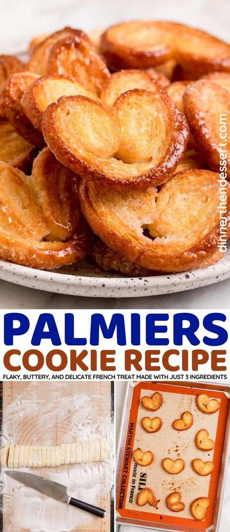 Palmiers are flaky, buttery French cookies, and easier to make than you think! Crispy golden puff pastry layer cookies caramelized with sugar. French Palmier Cookies, Palmers Cookies, Palmer Cookies, French Palmiers, Flaky Pastry Recipe Desserts, Desserts Made With Puff Pastry Sheets, Puff Pastry Cookies Recipes, Puff Pastry Palmiers, Chocolate Palmiers Recipe