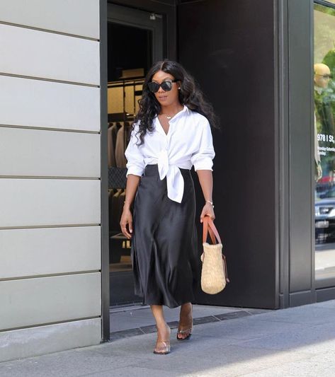 Styling Satin Skirt Summer, Satin Dress For Work, White Shirt And Midi Skirt Outfit, Long Black Satin Skirt Outfit Casual, Long Satin Button Down Shirt Outfit, Slip Dress And Shirt Outfit, Silk Dress Button Down, How To Style White Satin Shirt, Button Down Shirt Outfit With Skirt