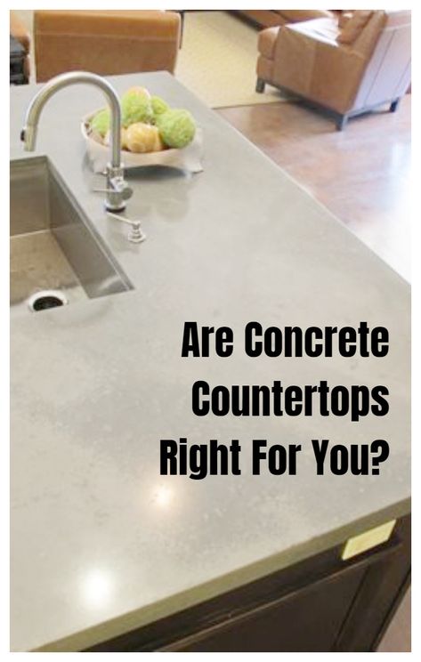 See the pros and cons of having concrete countertops including DIY tips, information about cost, pictures, and more. Concrete Countertops Upkeep, Cement Counters Kitchen, Kitchen Island Concrete Countertop, White Concrete Bathroom Countertops, Cement Counter Top Kitchen, White Concrete Kitchen Countertops, Concrete Looking Countertops, White Cement Countertops Kitchen, Kitchen With Cement Countertops