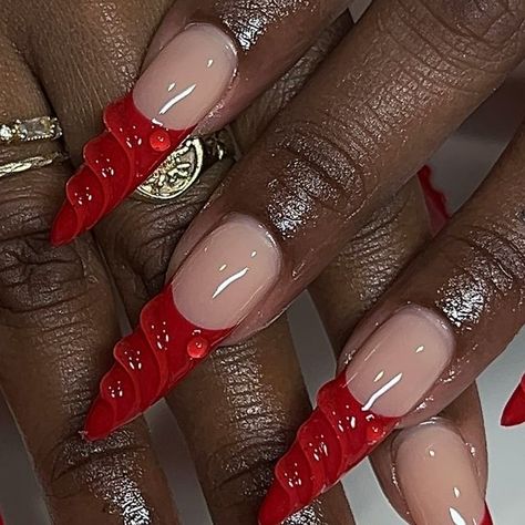 3d Texture Nails, Red Nails With 3d Design, Red Textured Nails, Red Polish Nail Designs, Long Red French Tip Nails, 3d Red Nails, White And Red Nail Designs, Red 3d Nails, Unique Red Nails