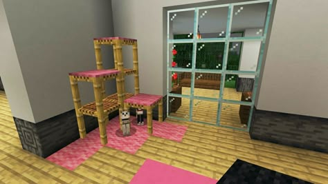 Super easy to make from scaffolding, carpet and wool blocks. Love it! Cat Beds In Minecraft, Minecraft Cat Furniture, Cat Minecraft Ideas, Cat Post Minecraft, Cat Decor Minecraft, Minecraft Small Cat House, Girly Minecraft Interior, Minecraft Cat Post, Cat Area Minecraft